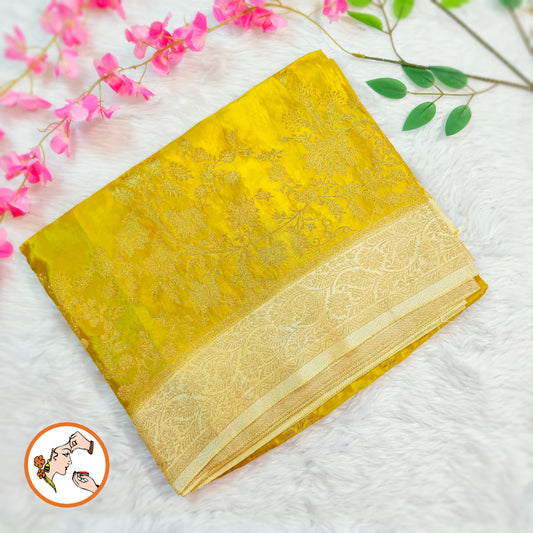 Lime Green / Olive Green Banarasi katan Russian Silk Saree with intricate Gold zari work