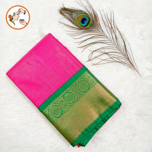 Pink with Green border Vairoosi stripes Kanchipuram Semi Silk Saree