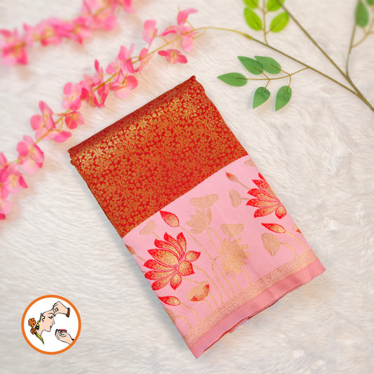Red with Pink Lotus border Fancy Semi Silk Saree