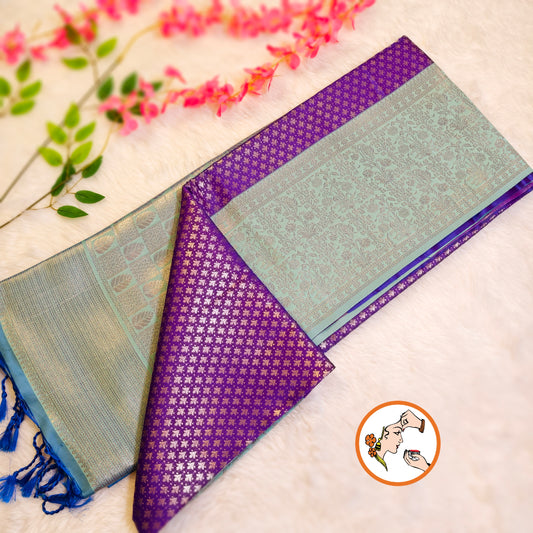 Purple with Turquoise Fancy border Brocade Pattern Soft Silk Saree