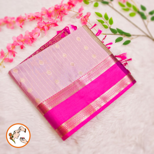 Baby Pink with Dark Pink Raindrop design Retta Petta border Semi Soft Silk Saree
