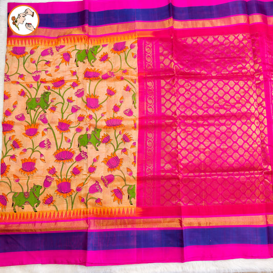 Beige with Rani Pink Pure Silk Cotton Saree with beautiful Kalamkari print