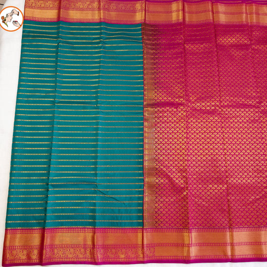 Peacock Green Kanchipuram Mix Silk Saree with horizontal stripes in body & purple peacock border