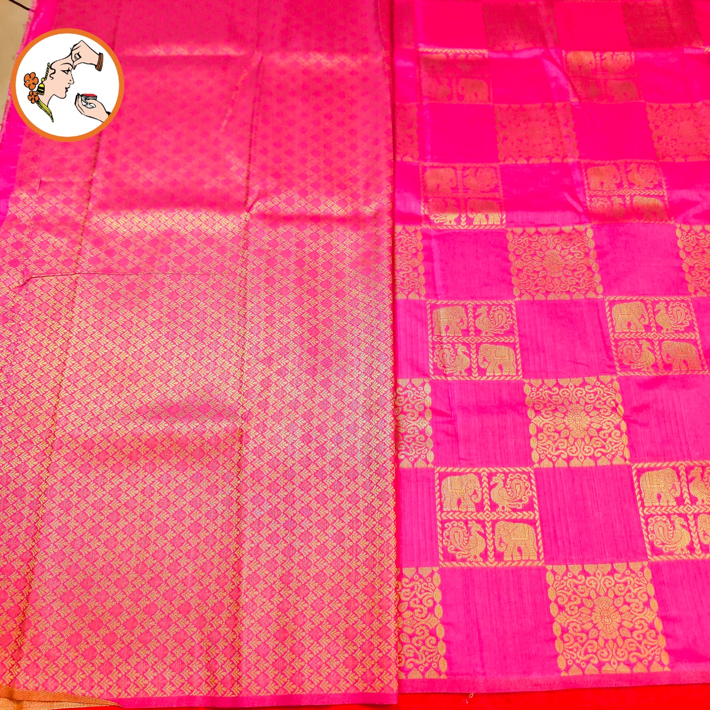 Dark Pink checkered Elephant & peacock butta Borderless Tussar Silk Saree