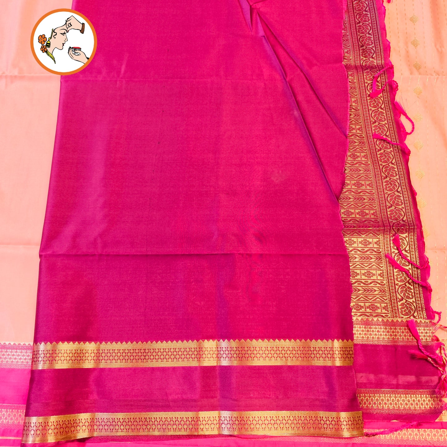 Baby Pink with Dark Pink Raindrop design Retta Petta border Semi Soft Silk Saree