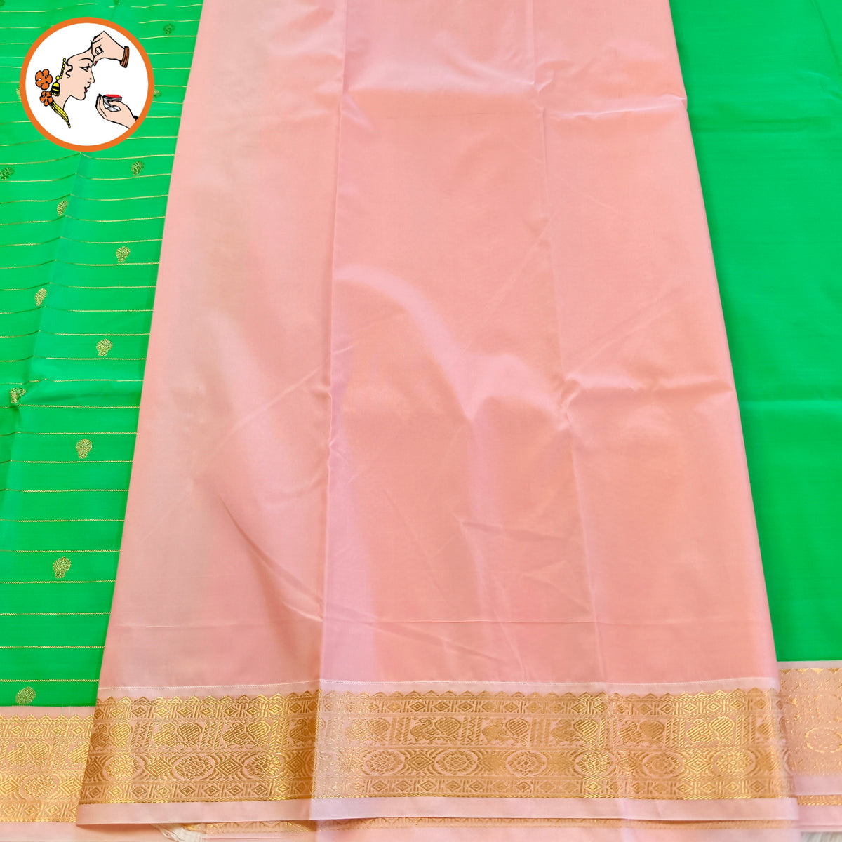 Emerald Green with Baby Pink border Golden zari Horizontal stripes Kanchipuram Semi Silk Saree