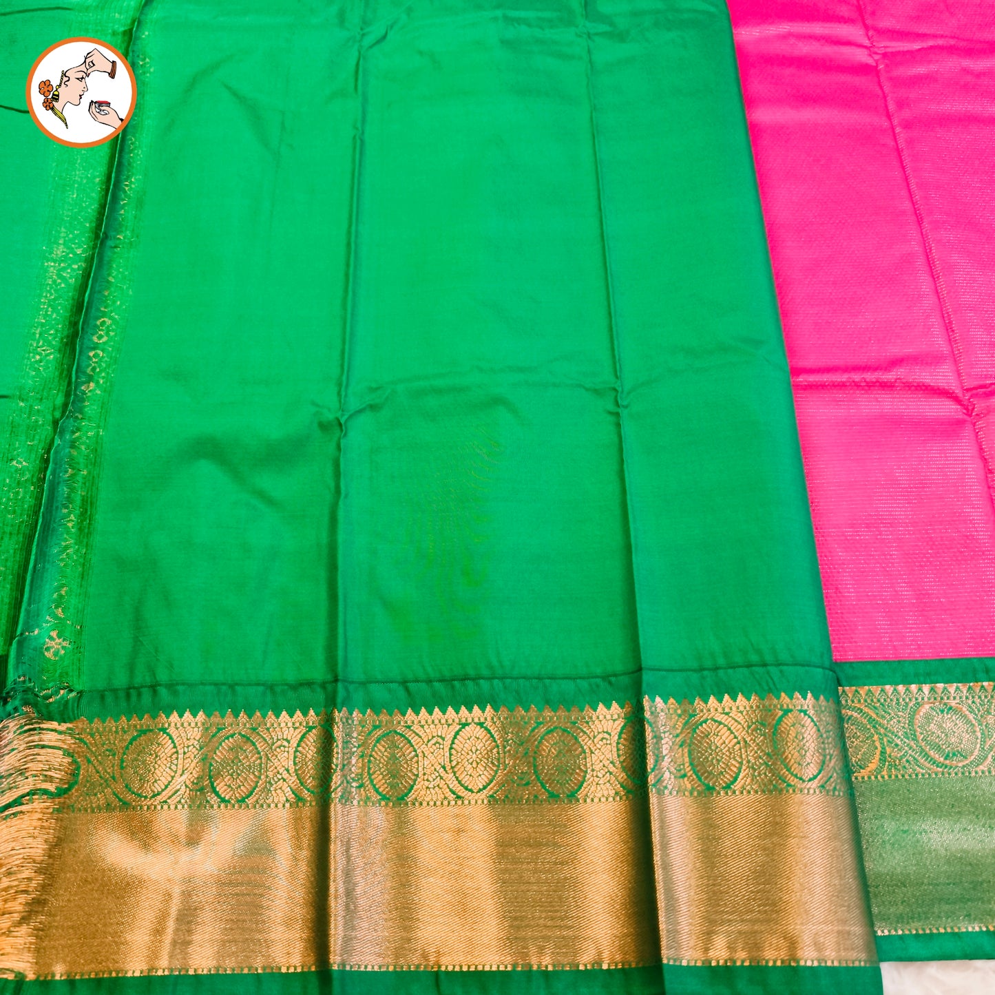 Pink with Green border Vairoosi stripes Kanchipuram Semi Silk Saree