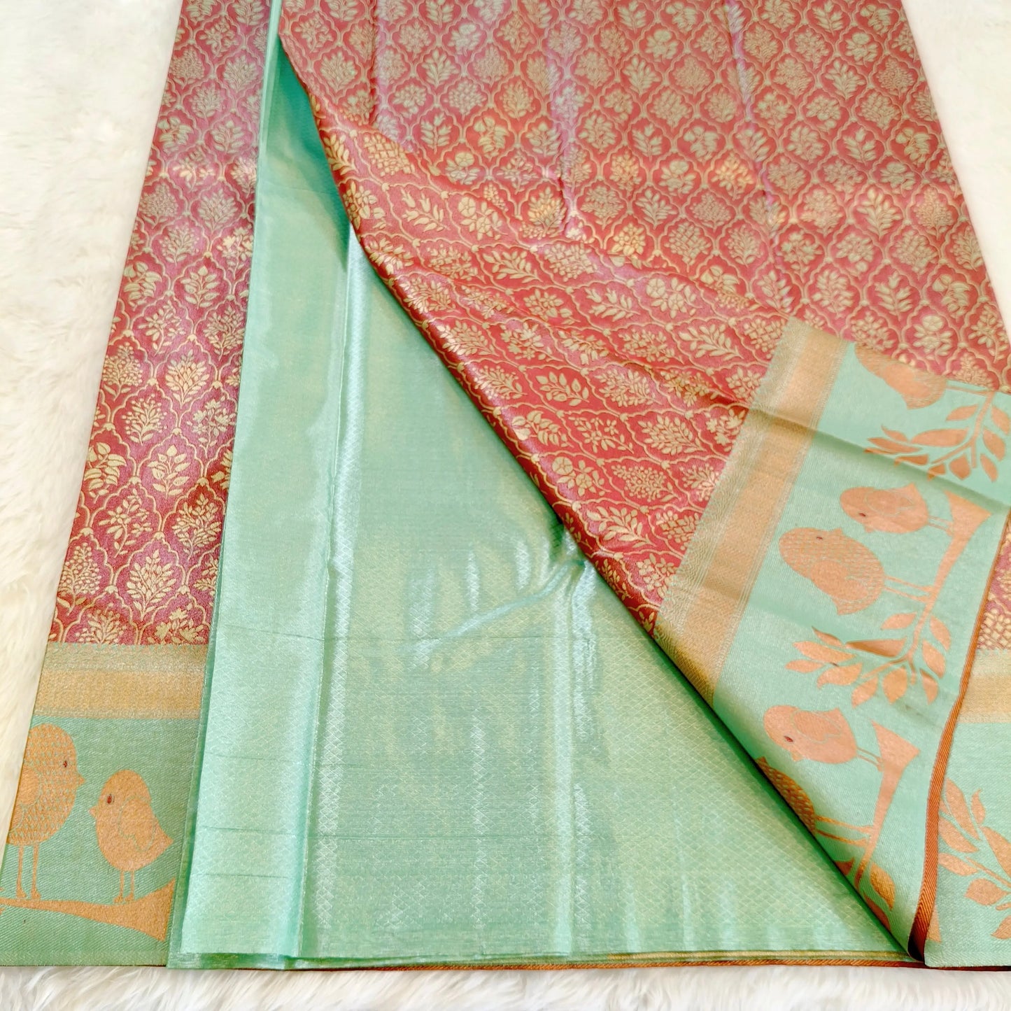 Marron with Sea Green Fancy Border High Tissue Silk Saree Vivahasilks
