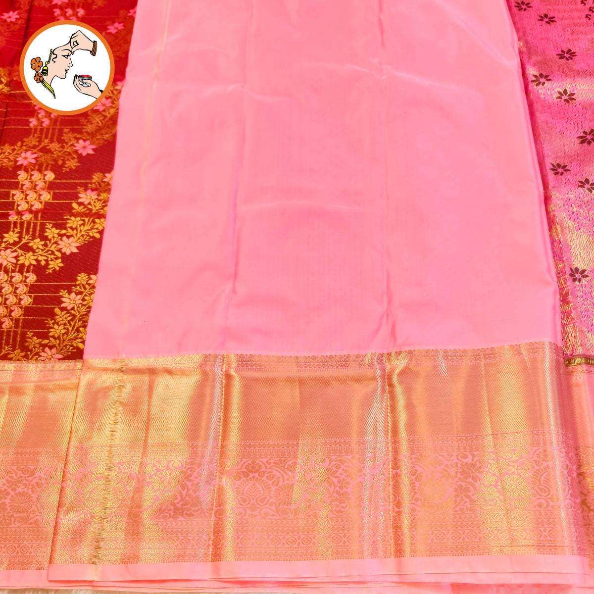 Maroon with Pink border Floral Gold zari weaving Kacnhipuram Mix Silk Saree