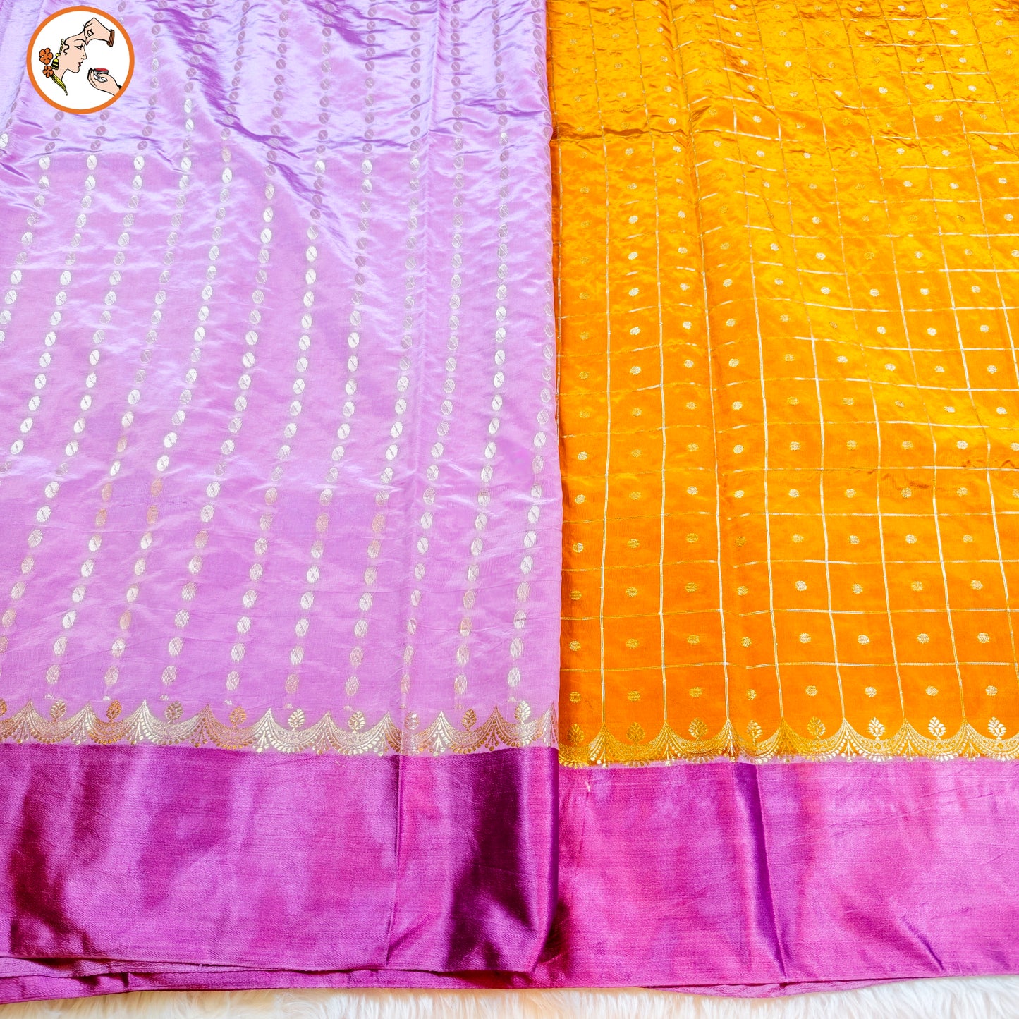 Golden Yellow Traditional checks Fancy Soft Silk Saree with Soft Pink Satin border
