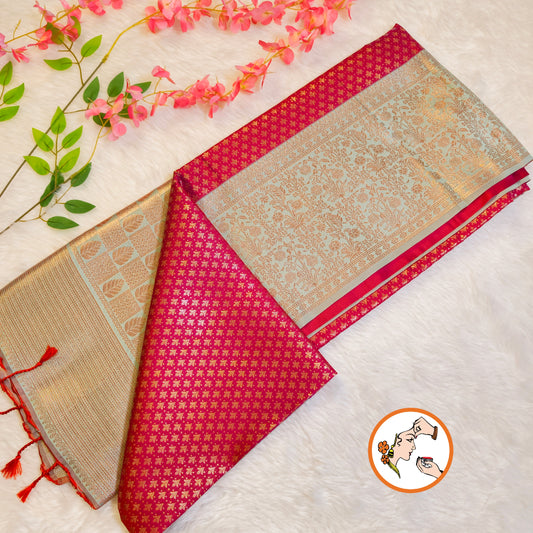 Magenta Pink with Turquoise Fancy border Brocade Pattern Soft Silk Saree