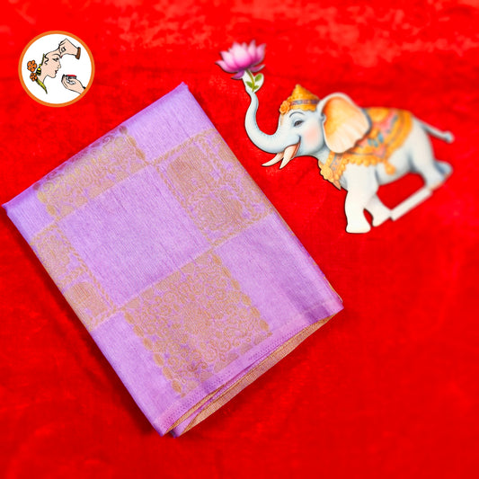 Lavender checkered Elephant & peacock butta Borderless Tussar Silk Saree
