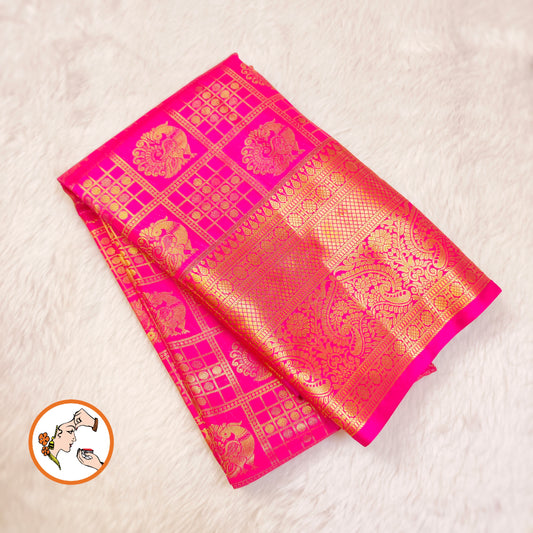 Magenta Pink checks with Peacock butta Gold zari Kanchipuram Bridal Mix Silk Saree
