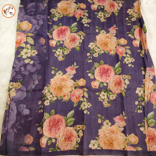 Handcrafted Purple brush paint Floral Tussar Saree in natural tussar silk
