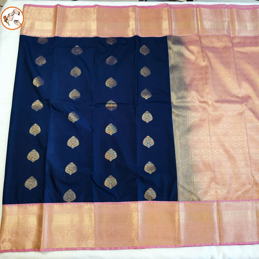 Blue Kanchipuram Semi Silk Saree with Baby Pink border