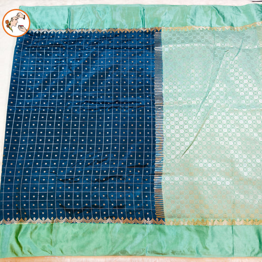 Teal Blue Traditional checks Fancy Soft Silk Saree with Pastel Green Satin border