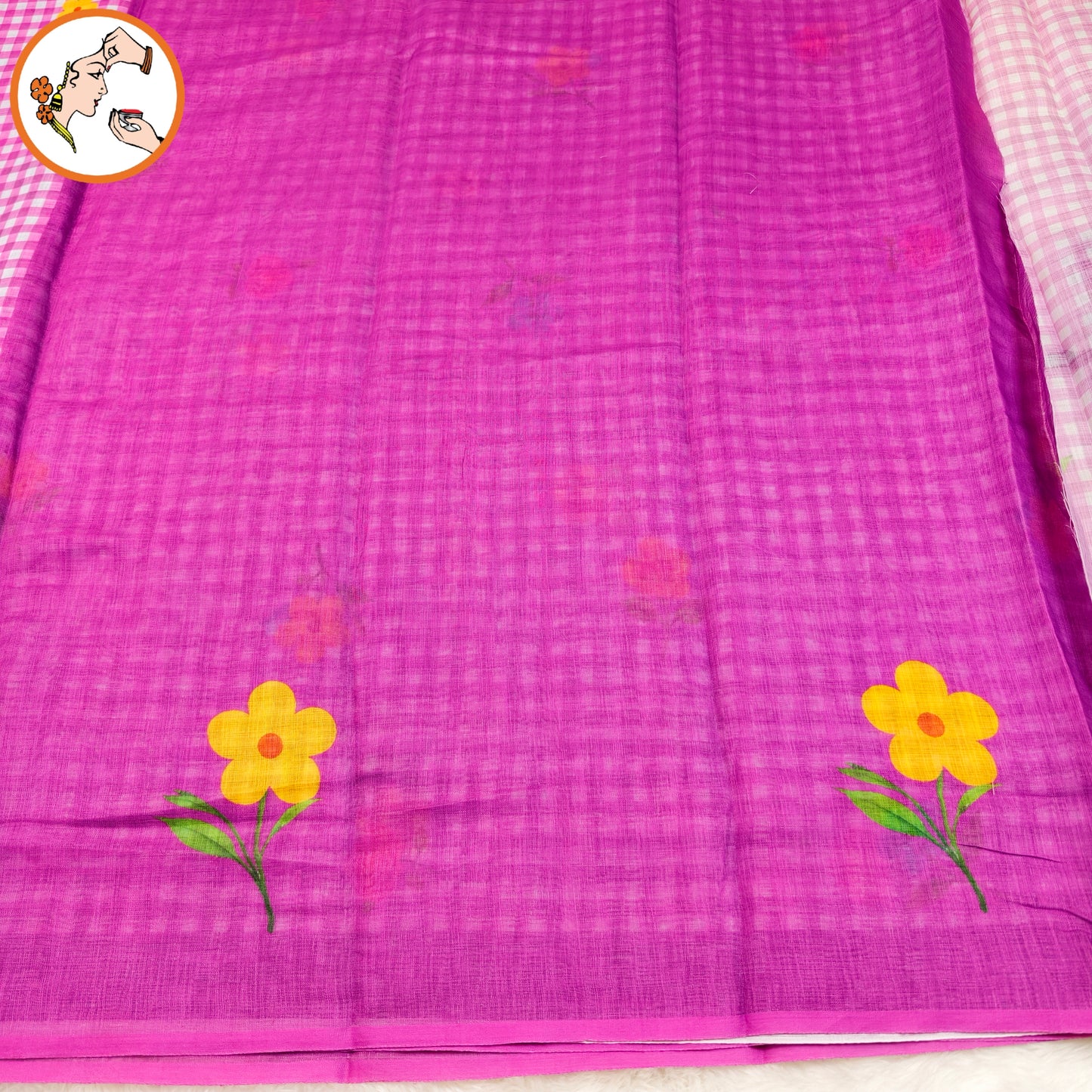 Purple checks pattern Linen Cotton Casual Saree