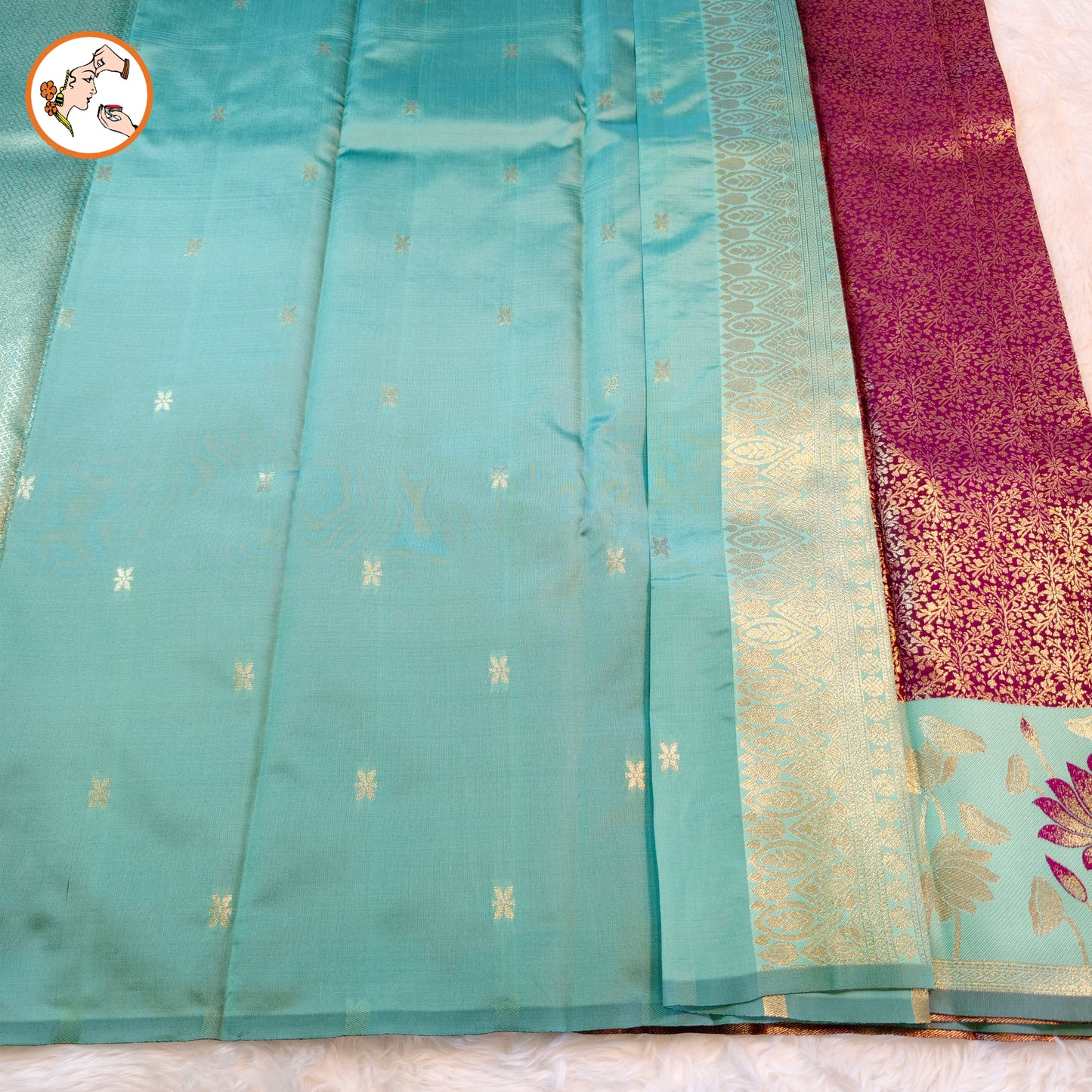 Purple with Mint Green Lotus border Fancy Semi Silk Saree