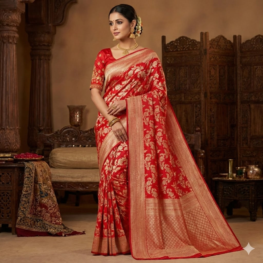Red Jaal design Classic Pure Banarasi Silk Saree (Light Weight)