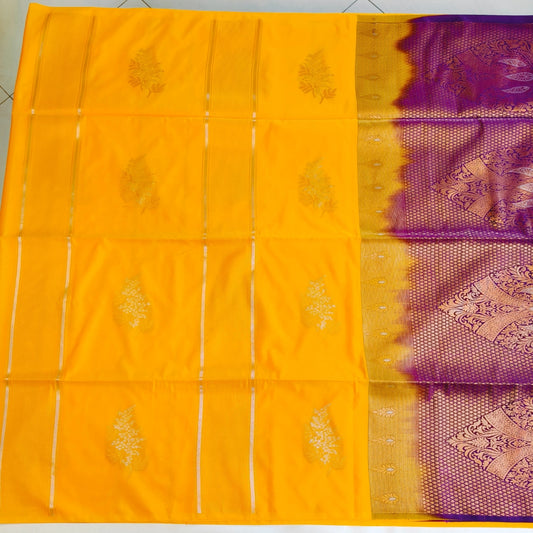 Border less Soft Silk Saree in Mango Yellow with Purple Combination