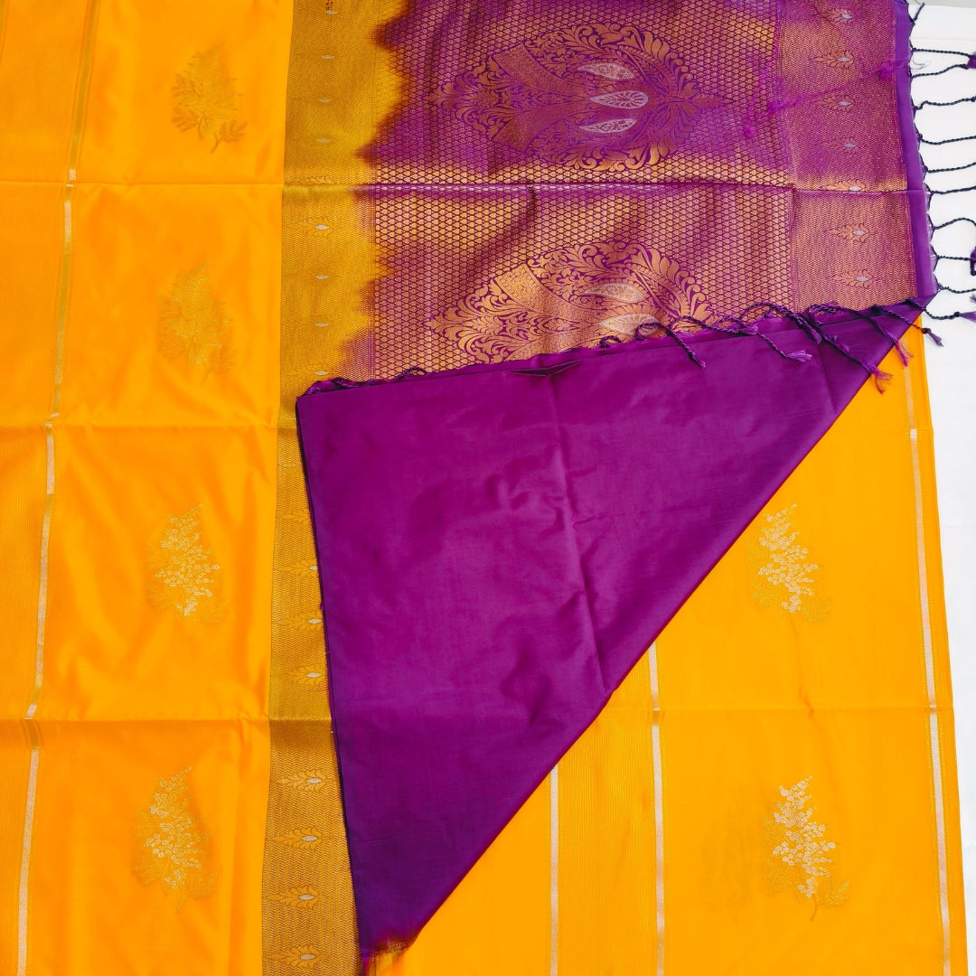 Border less Soft Silk Saree in Mango Yellow with Purple Combination