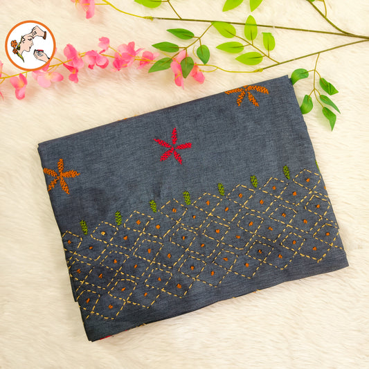 Grey colour Kantha Embroidary Tussar Silk Saree