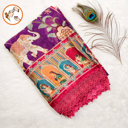 Purple Rajput painting motif Georgette Saree with lace border
