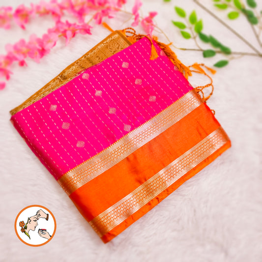 Rani Pink with Orange Raindrop design Retta Petta border Semi Soft Silk Saree