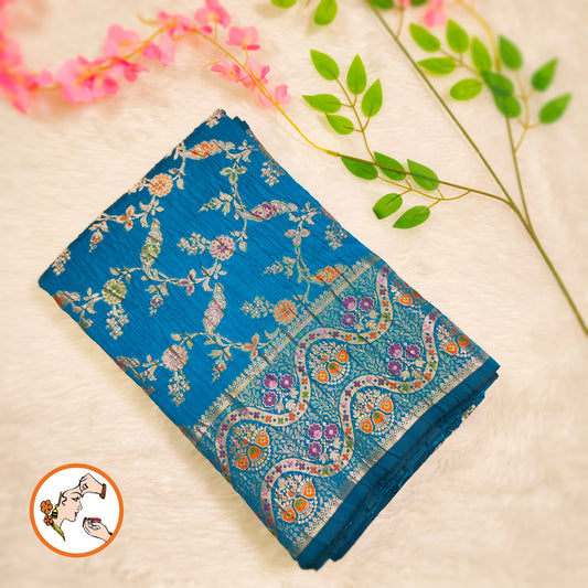 Peacock Blue Meenakari weaving Banarasi Crush Saree