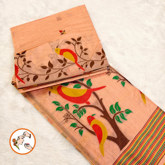 Peach sparrow theme Cotton Casual Saree