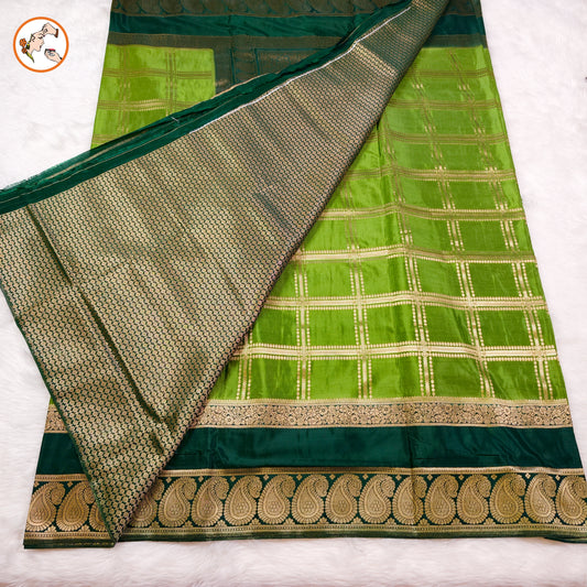 Parrot Green & Dark Green Royal Mango border Mysore Silk Saree