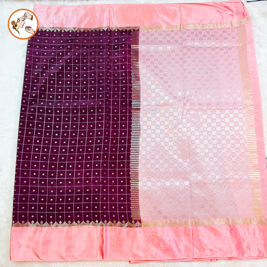 Maroon Traditional checks Fancy Silk Saree with Peachy Pink Satin border