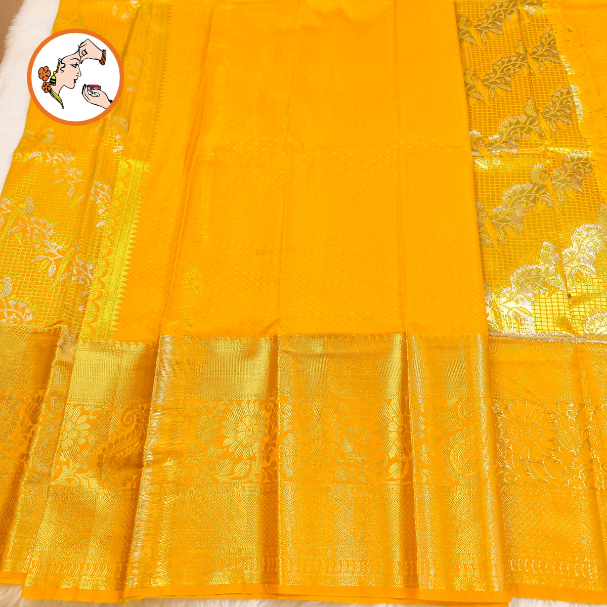 Golden Yellow Podi Kattam Parrot butta Kanchipuram Mix Silk Saree