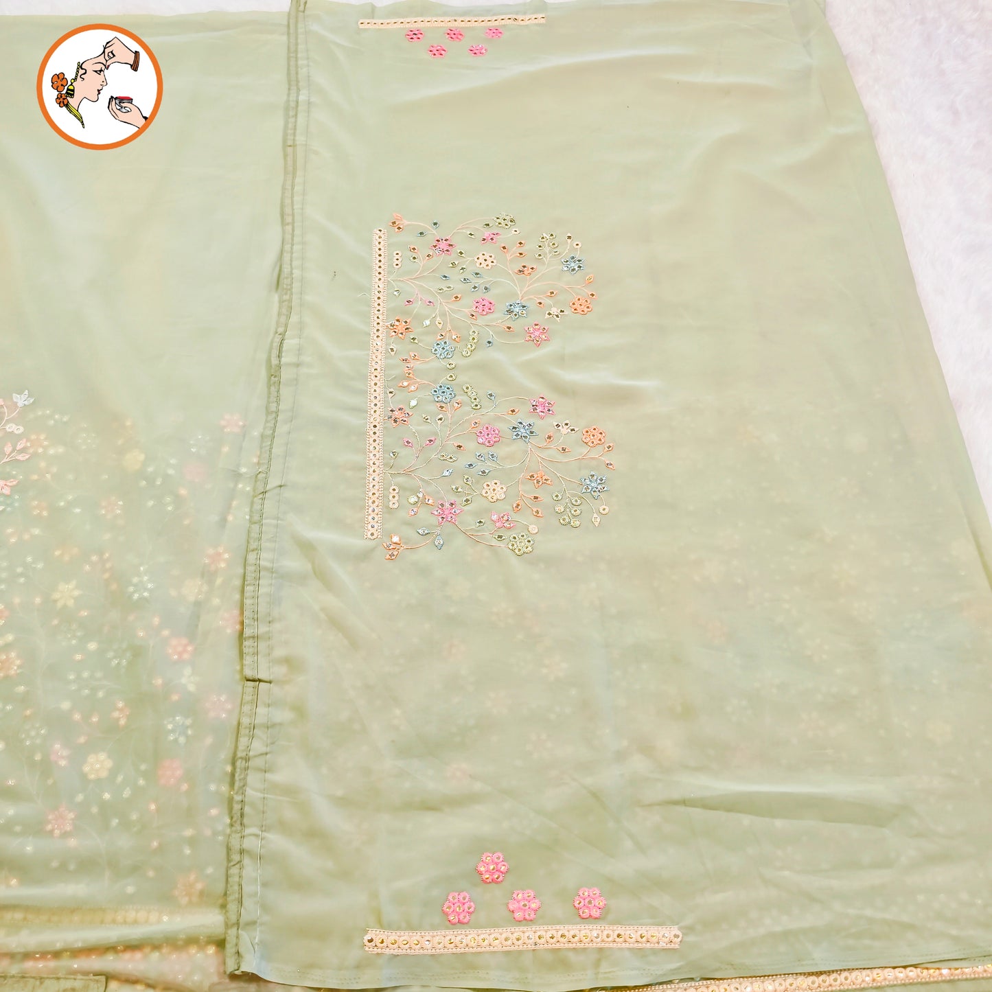 Pastel Green Multicolour Embroidery Mirrorwork Partywear Georgette Saree