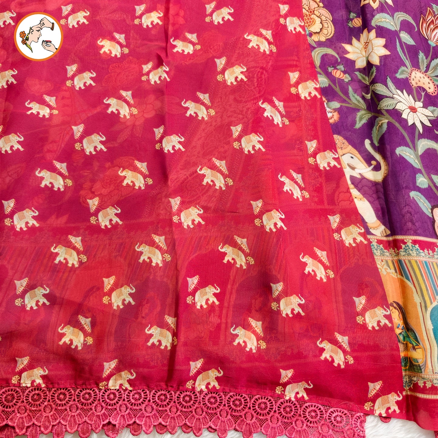 Purple Rajput painting motif Georgette Saree with lace border