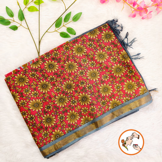 Red with Grey Floral Bhagal puri Cotton Casual Saree