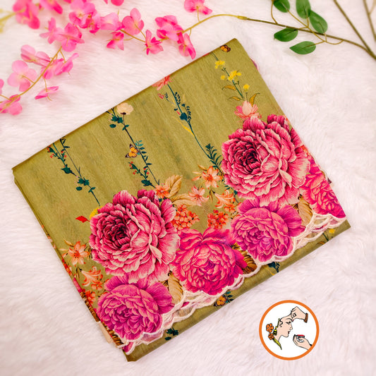 Parrot Green colour Floral theme Raw Silk Designer Saree with cutwork border