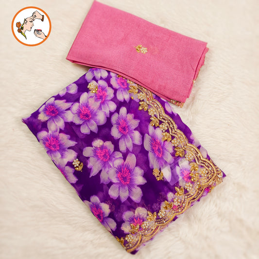 Purple Floral Georgette Saree with cut work border & contrast blouse