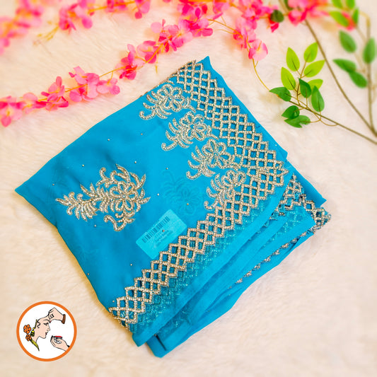 Ice Blue Cutwork design Partywear Organza Saree