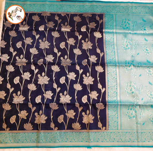 Dark Blue with Sky Blue border Jaal design Banarasi Silk Saree (Light weight)