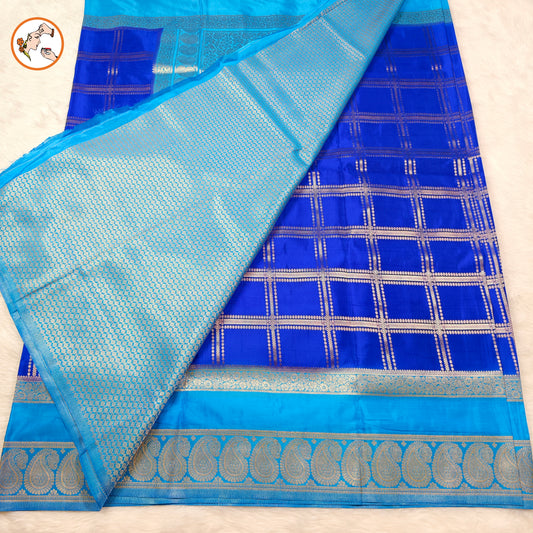 Royal Blue with Sky Blue Royal Mango border Mysore Silk Saree