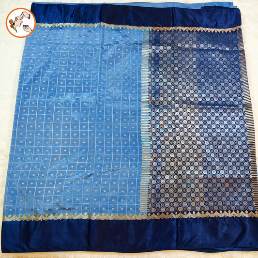 Denim Blue Traditional checks Fancy Silk Saree with Ink Blue Satin border