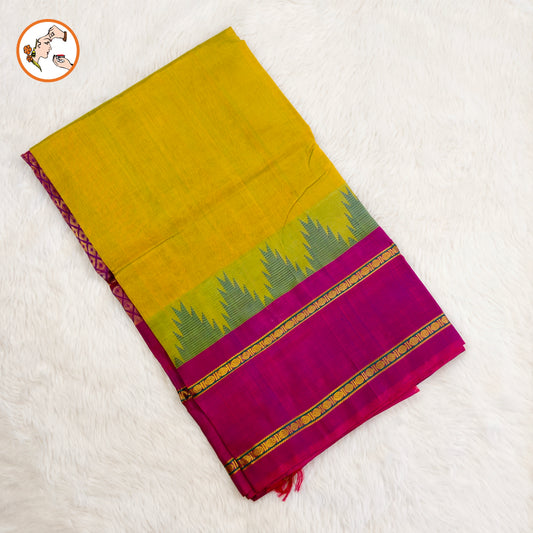 Mehendi Green Traditional Pure Silk Cotton Saree with Purple temple border