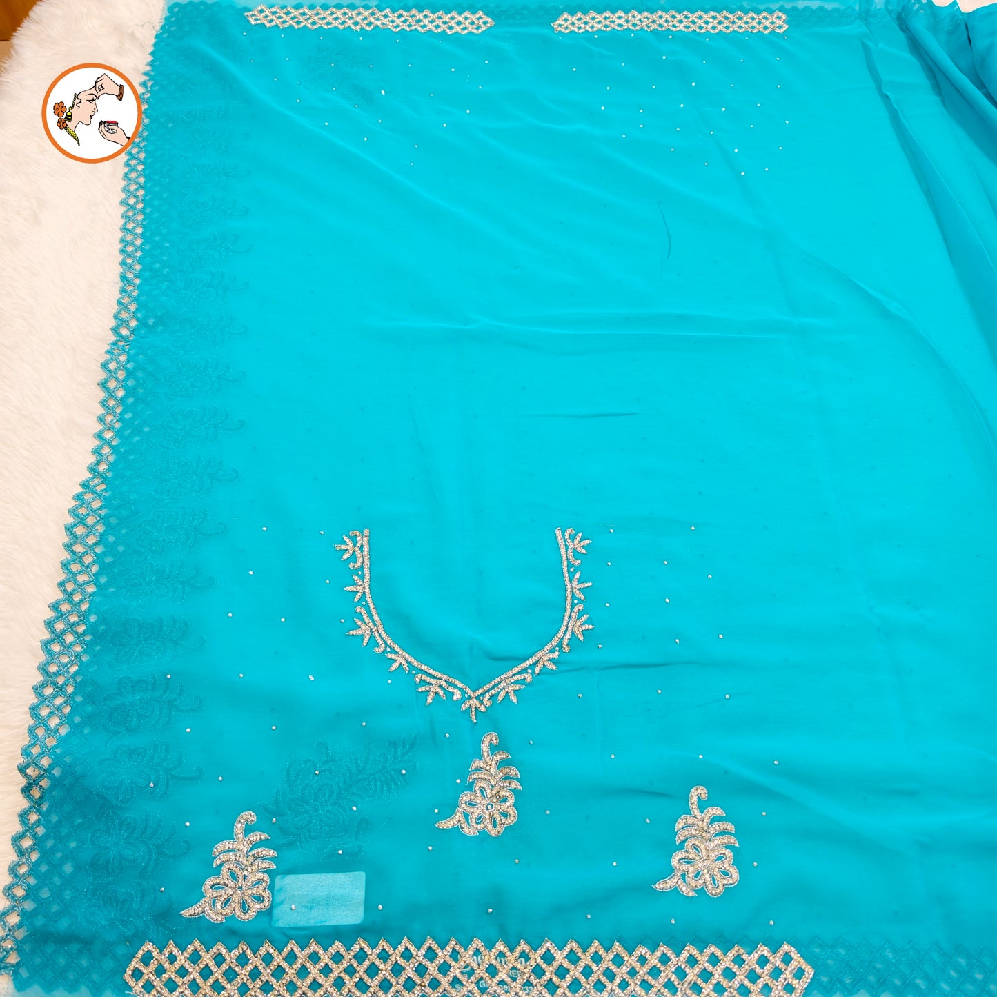 Ice Blue Cutwork design Partywear Organza Saree