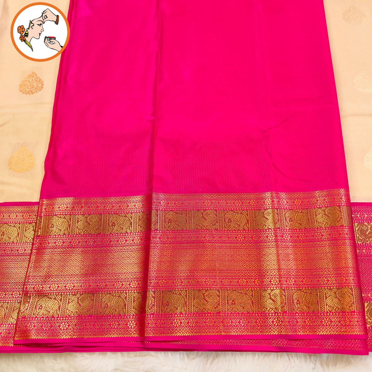 Off white with Dark Pink border Kanchipuram Semi Silk Saree