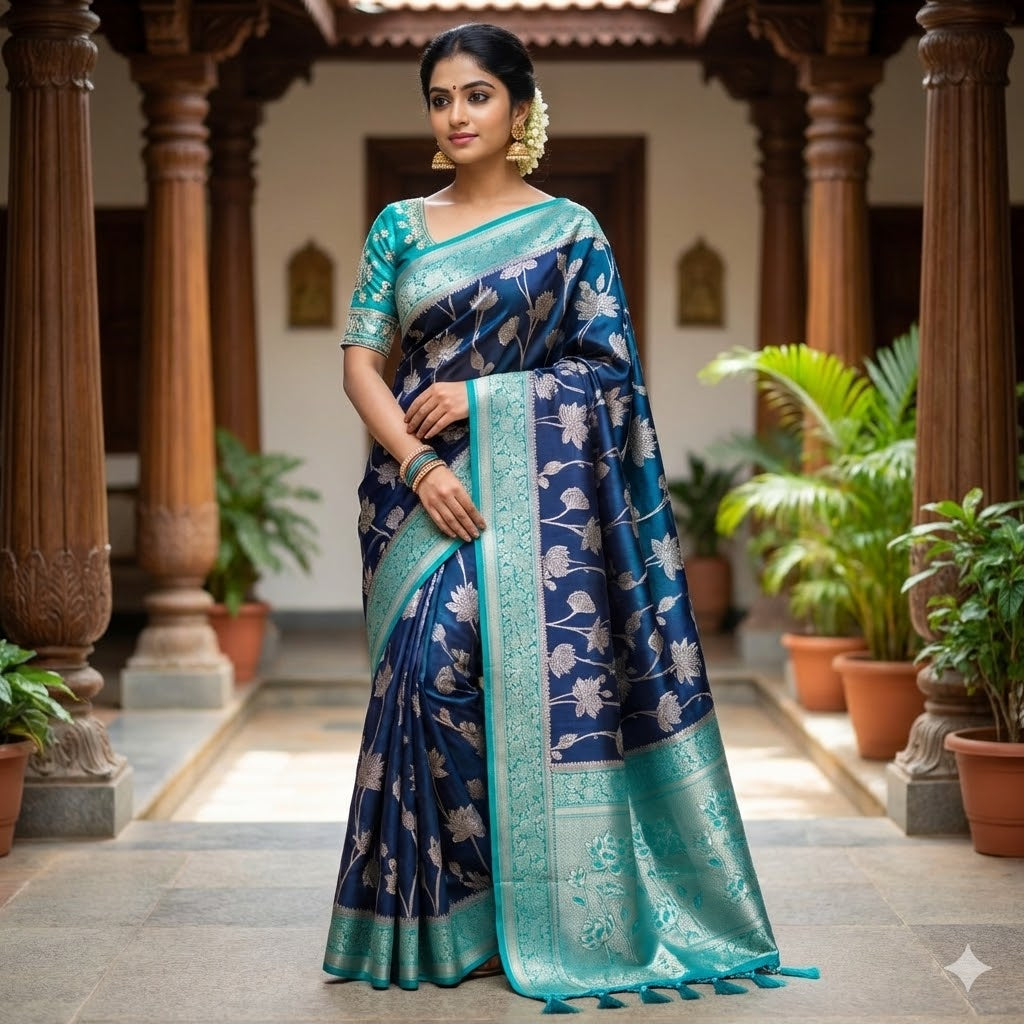 Dark Blue with Sky Blue border Jaal design Banarasi Silk Saree (Light weight)
