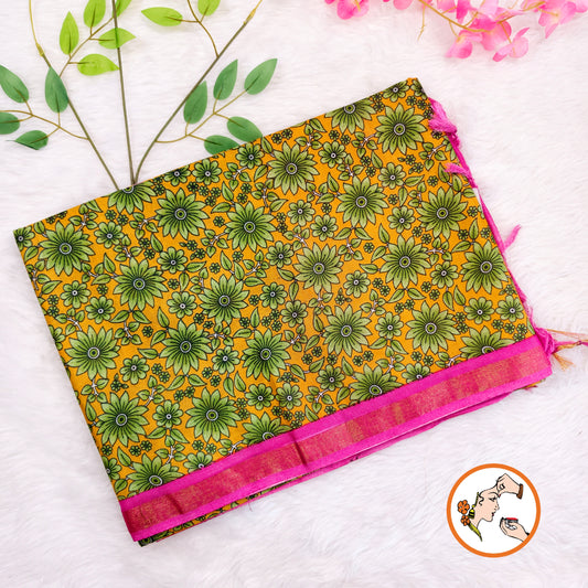 Yellow with Pink Floral Bhagal puri Cotton Casual Saree