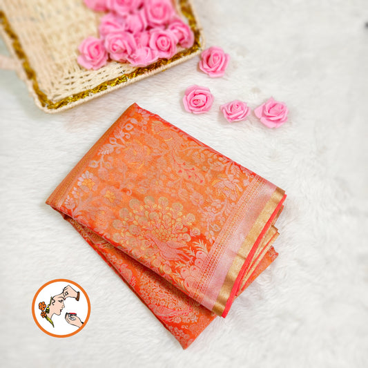 Peachy Pink Silver zari Kanchipuram Tissue Silk Saree