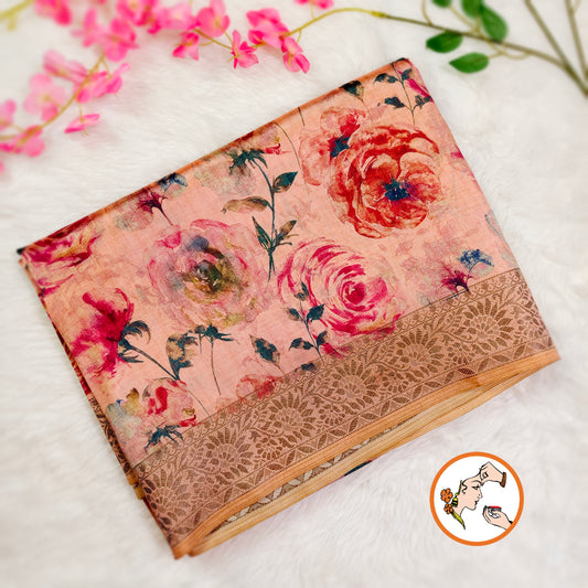 Pastel Pink Floral theme Raw Silk Desgner Saree