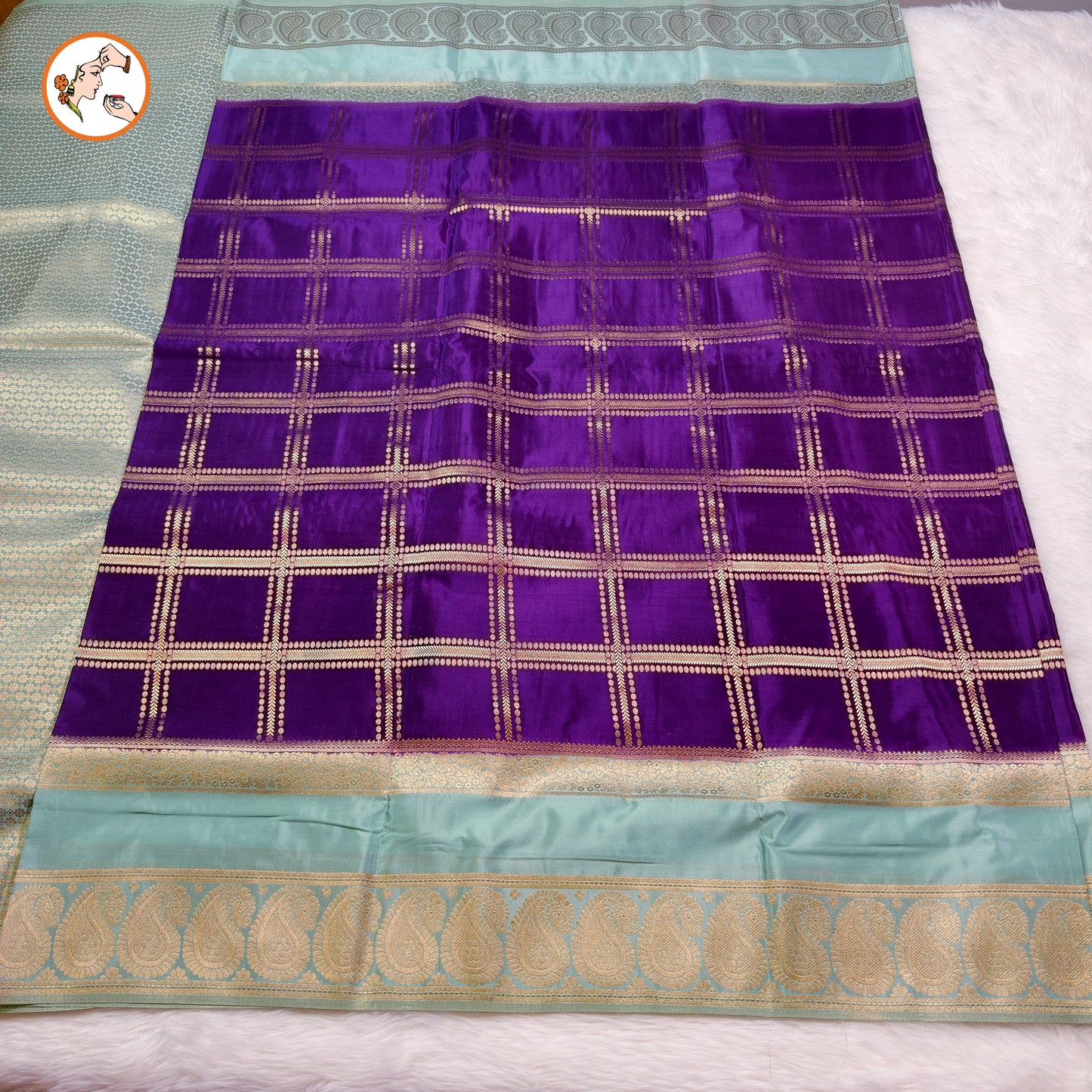 Purple with Pastal Green Royal Mango border Mysore Silk Saree